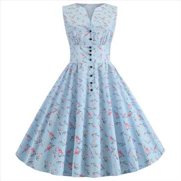 sleeveless summer dresses women floral print retro vintage dress v neck rockabilly buttons vestidos knee length 2021 robe femme, Black;gray
sleeveless summer dresses women floral print retro vintage dress v neck rockabilly buttons vestidos knee length 2021 robe femme, Black;gray