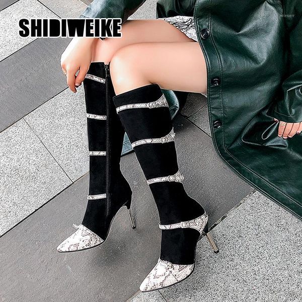 pointed pu leather snake print high boots knee-high stiletto splicing suede snake print buckle knee-length boot va1071, Black
pointed pu leather snake print high boots knee-high stiletto splicing suede snake print buckle knee-length boot va1071, Black