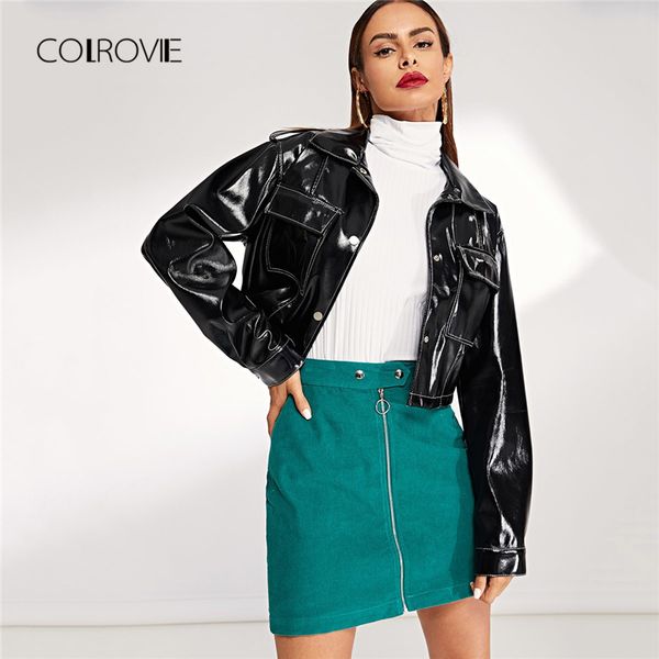 colrovie black solid pocket button vintage crop leather jacket coat womens clothing autumn streetwear ladies outerwear 201026, Black;brown
colrovie black solid pocket button vintage crop leather jacket coat womens clothing autumn streetwear ladies outerwear 201026, Black;brown
