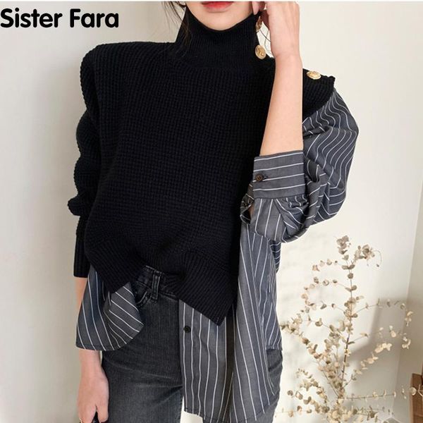 women's sweaters sister fara spring autumn pullover high collar striped side buttons fake two piece shirt stitching office sweater, White;black
women's sweaters sister fara spring autumn pullover high collar striped side buttons fake two piece shirt stitching office sweater, White;black