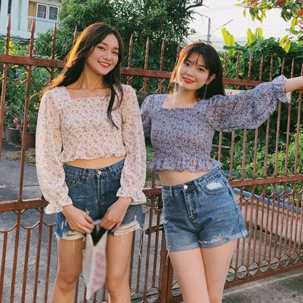 women floral print shirt bandage square collar sweet exposed navel blouse flare sleeve outfit, White
women floral print shirt bandage square collar sweet exposed navel blouse flare sleeve outfit, White