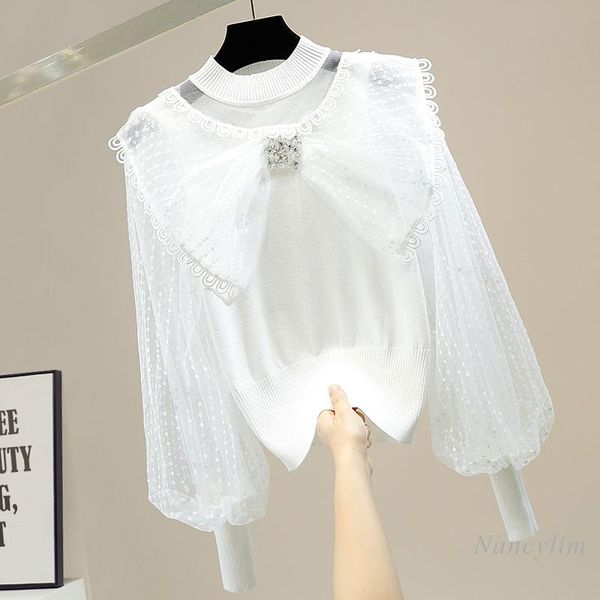 women's sweaters embroidery sequins sweater women 2021 spring autumn fashion mesh lantern sleeve sweet bow collar knitwear shirt lady t, White;black
women's sweaters embroidery sequins sweater women 2021 spring autumn fashion mesh lantern sleeve sweet bow collar knitwear shirt lady t, White;black