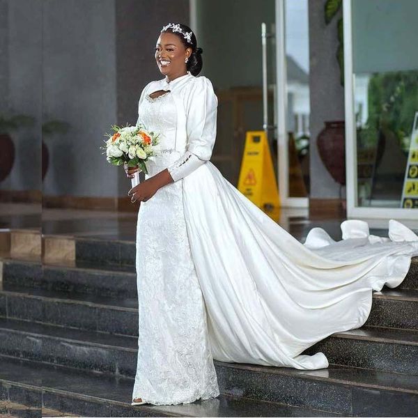 mermaid wedding dresses o neck long sleeve lace appliques detachable train bridal gown satin muslim wedding dress, White
mermaid wedding dresses o neck long sleeve lace appliques detachable train bridal gown satin muslim wedding dress, White