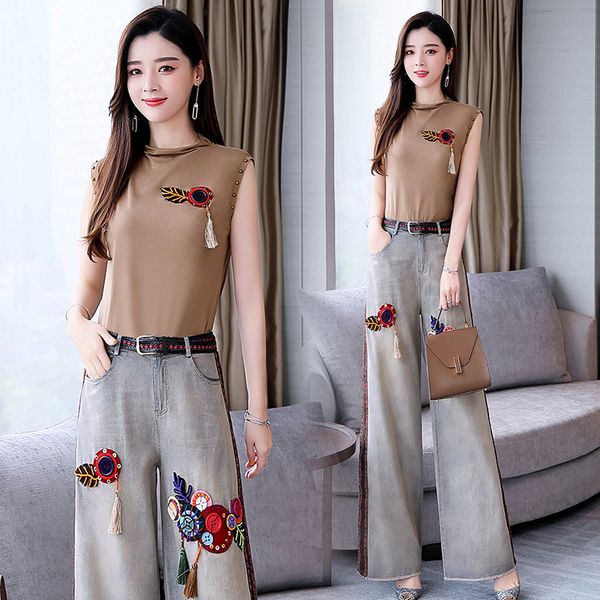 fashion woman 2 sets outfits wide leg pants jeans pants set sleeveless women's summer suit ensemble femme deux pieces, Blue
fashion woman 2 sets outfits wide leg pants jeans pants set sleeveless women's summer suit ensemble femme deux pieces, Blue