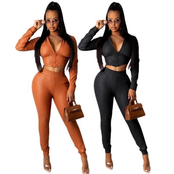 women's tracksuits arrival women solid color set string up pants faux leather skinny synthetic suit two piece clothing, Gray
women's tracksuits arrival women solid color set string up pants faux leather skinny synthetic suit two piece clothing, Gray
