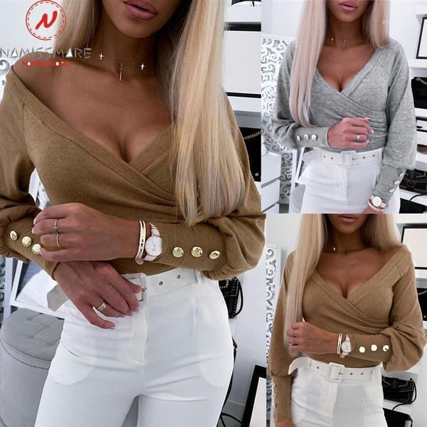 women spring autumn t-shirts patchwork design button decor v-neck long sleeve solid color slim pullovers for streetwear1, White
women spring autumn t-shirts patchwork design button decor v-neck long sleeve solid color slim pullovers for streetwear1, White
