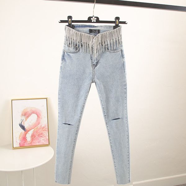fashion women heavy diamond tassels chain jeans trousers women's spring high waist holes slim tight-fit ny denim pants, Blue
fashion women heavy diamond tassels chain jeans trousers women's spring high waist holes slim tight-fit ny denim pants, Blue