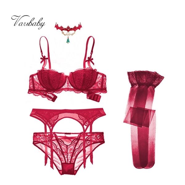 varsbaby lace half cup gather christmas bra set bra+panties+garter+stockings+necklace 4 pcs lj201210, Red;black
varsbaby lace half cup gather christmas bra set bra+panties+garter+stockings+necklace 4 pcs lj201210, Red;black