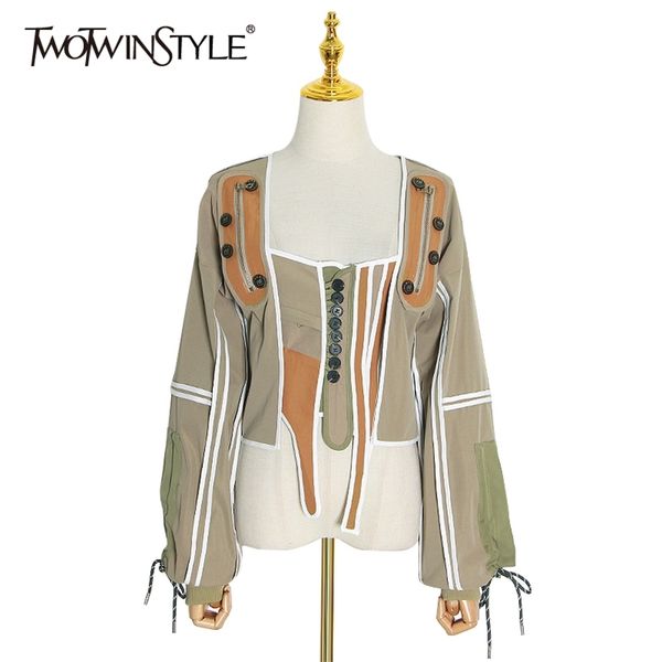 twotwinstyle patchwork hit color irregular coats for women square collar lantern sleeve lace up jackets female fashion new 201210, Black;brown
twotwinstyle patchwork hit color irregular coats for women square collar lantern sleeve lace up jackets female fashion new 201210, Black;brown
