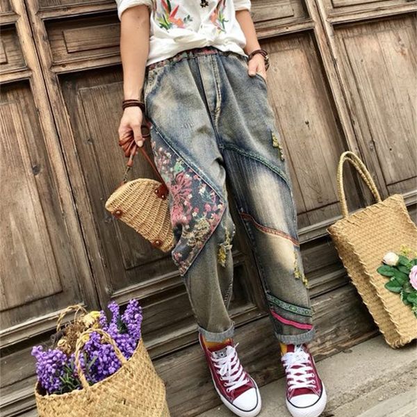 new spring 2019 nine women's retro-painted jeans loose size big elastic waist hole hare pants, Blue
new spring 2019 nine women's retro-painted jeans loose size big elastic waist hole hare pants, Blue