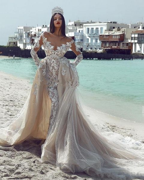 champagne long sleeves off shoulder mermaid wedding dresses with detachable train vinatge princess lace plus size arabic dubai bridal gowns, White 
champagne long sleeves off shoulder mermaid wedding dresses with detachable train vinatge princess lace plus size arabic dubai bridal gowns, White