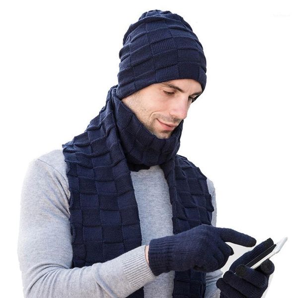 men winter 3pcs solid plaid knit beanie hat long scarf touch screen gloves set x7jb1, Blue;gray
