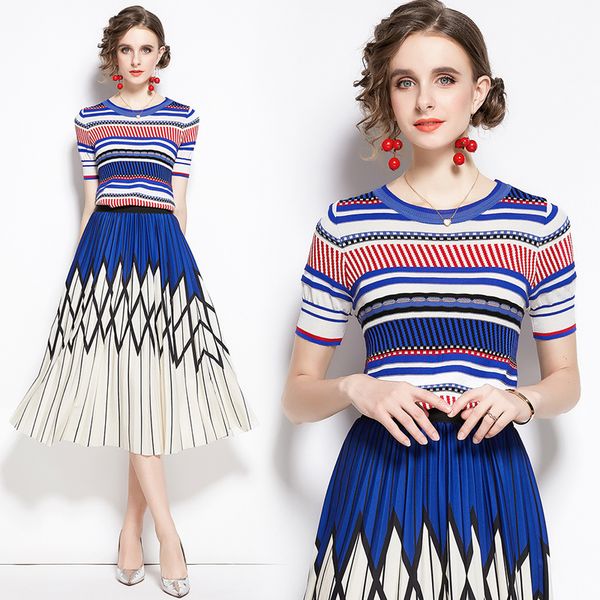 2021 new arrival summer stripe and printed a-line long skirt two piece sets women runway design fashion knit set suit 3gfc, Black;gray