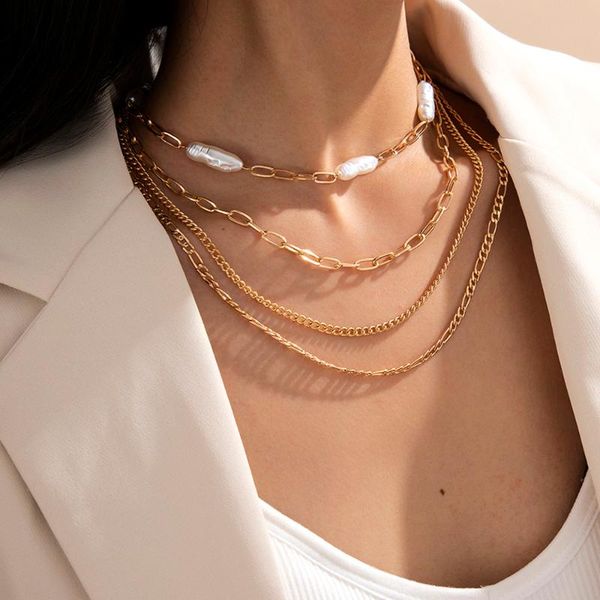 lacteo преувеличенные многослойные имитационные жемчужные колье необычное ожерелье хип-хоп железо-цепь очарователь ожерелье ювелирные аксесс, Golden;silver