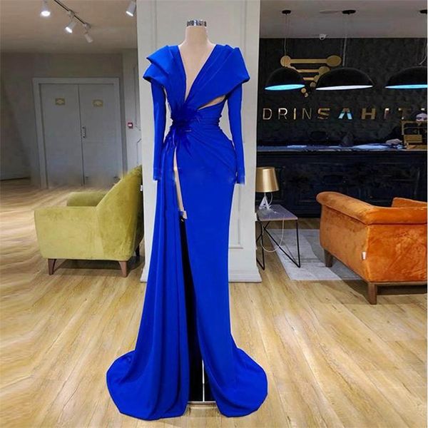 high side split evening dresses long sleeves royal blue ruched red carpet dress formal prom gowns elegant vestido de novia, Black;red
high side split evening dresses long sleeves royal blue ruched red carpet dress formal prom gowns elegant vestido de novia, Black;red