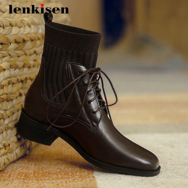 lenkisen knitting boots natural leather mixed cloth classic colors square toe thick med heel lace up preppy cozy ankle boots l12, Black
lenkisen knitting boots natural leather mixed cloth classic colors square toe thick med heel lace up preppy cozy ankle boots l12, Black