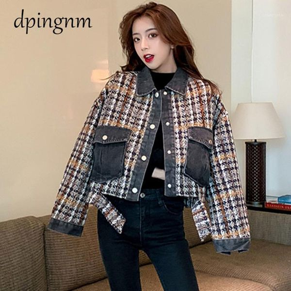 outerwear women's spring and autumn 2021 new loose and small splicing denim plaid windbreaker short1, Black;brown
outerwear women's spring and autumn 2021 new loose and small splicing denim plaid windbreaker short1, Black;brown