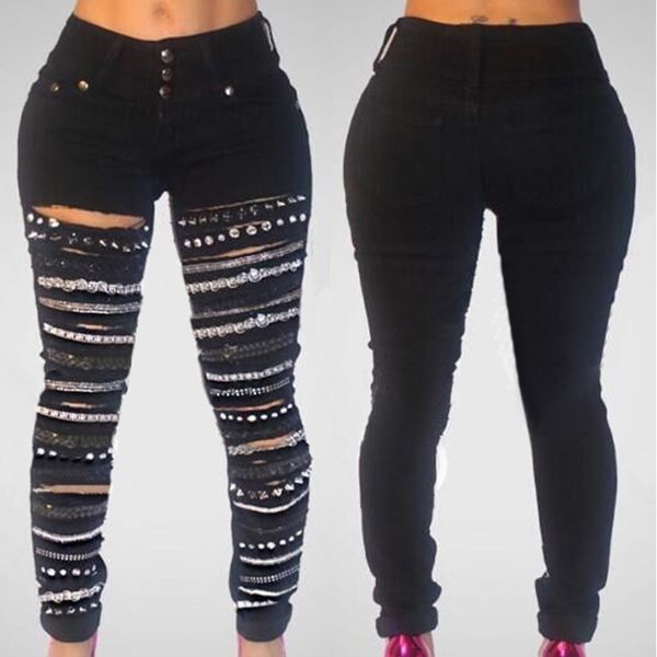 new black three-button high-waist hole jeans gold chain women's ripped jeans casual vintage holes boyfriend jeans for women 201106, Blue
new black three-button high-waist hole jeans gold chain women's ripped jeans casual vintage holes boyfriend jeans for women 201106, Blue