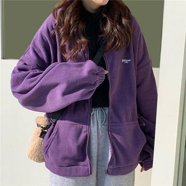 casual loose zipper women sweatshirt new letter pockets plus velvet coat oversized harajuku streetwear ladies solid color jacket, Black;brown 
casual loose zipper women sweatshirt new letter pockets plus velvet coat oversized harajuku streetwear ladies solid color jacket, Black;brown