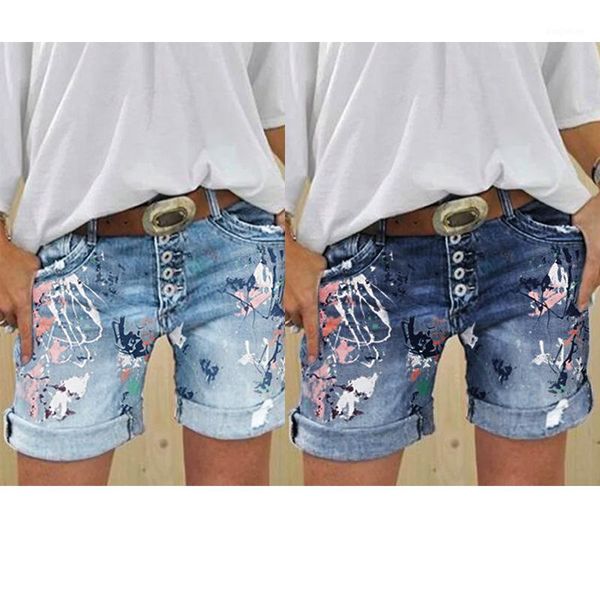 plus size women's denim shorts washed printed jeans1, Blue