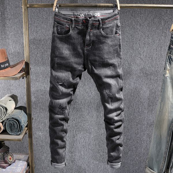 2021 new korean style fashion men jeans black gray slim fit elastic ripped denim pencil pants vintage designer trousers male eo, Blue
2021 new korean style fashion men jeans black gray slim fit elastic ripped denim pencil pants vintage designer trousers male eo, Blue