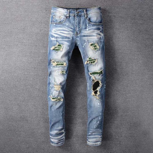 new men's male fashion casual crystal holes ripped jeans slim skinny patchwork distressed blue stretch denim pants trousers
new men's male fashion casual crystal holes ripped jeans slim skinny patchwork distressed blue stretch denim pants trousers