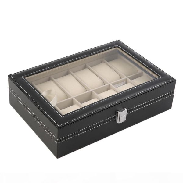 outad 10 12 slots grid pu leather watch display box jewelry storage organizer case locked watch display box, Black;blue