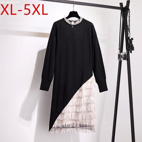 xl-5xl plus size 2021 autumn elegant women long sleeves patchwork ruffles mesh dress female loose oversize dresses s0411, Black;gray
xl-5xl plus size 2021 autumn elegant women long sleeves patchwork ruffles mesh dress female loose oversize dresses s0411, Black;gray