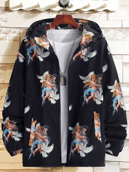 men random angel print drop shoulder hooded jacket without pullover n6fr#, Black;brown
men random angel print drop shoulder hooded jacket without pullover n6fr#, Black;brown