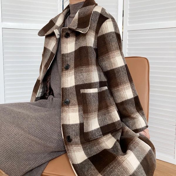 women's wool & blends winter women coats plaid coat turn down collar single breasted female long thick clothing, Black
women's wool & blends winter women coats plaid coat turn down collar single breasted female long thick clothing, Black