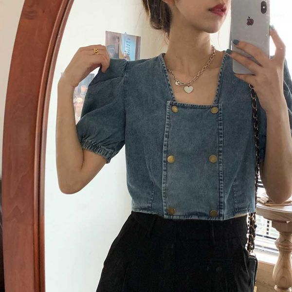 vintage summer denim blouse women puff sleeve loose crop ladies double breasted jeans shirts female chemisier femme1, White
vintage summer denim blouse women puff sleeve loose crop ladies double breasted jeans shirts female chemisier femme1, White