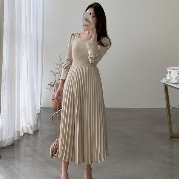 casual dresses korean pleated dress women square collar puff sleeve long midi high waist elegant vintage party office b531, Black;gray
casual dresses korean pleated dress women square collar puff sleeve long midi high waist elegant vintage party office b531, Black;gray