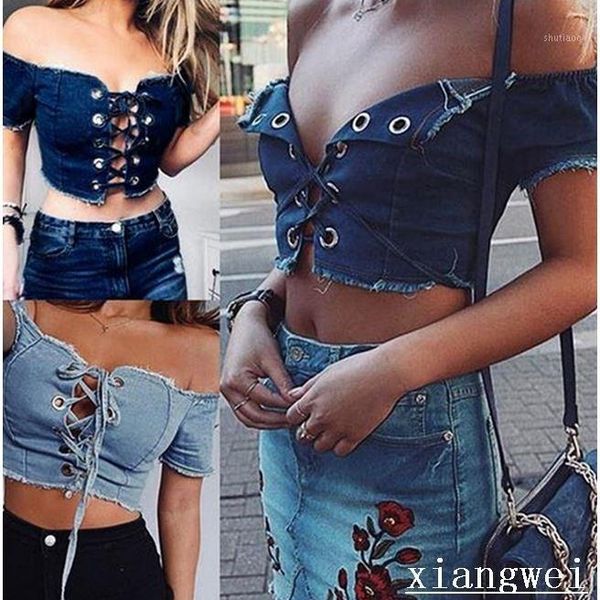 women off shoulder bandage denim crop bustier female party short jean camisole tank 1, White
women off shoulder bandage denim crop bustier female party short jean camisole tank 1, White