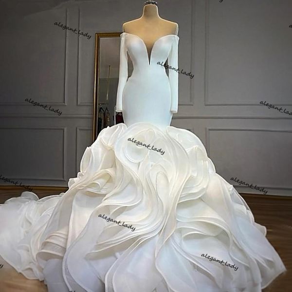 stain mermaid wedding dresses off shoulder long sleeves cascading ruffles sweep train trumpet wedding gowns vestido de novia, White
stain mermaid wedding dresses off shoulder long sleeves cascading ruffles sweep train trumpet wedding gowns vestido de novia, White