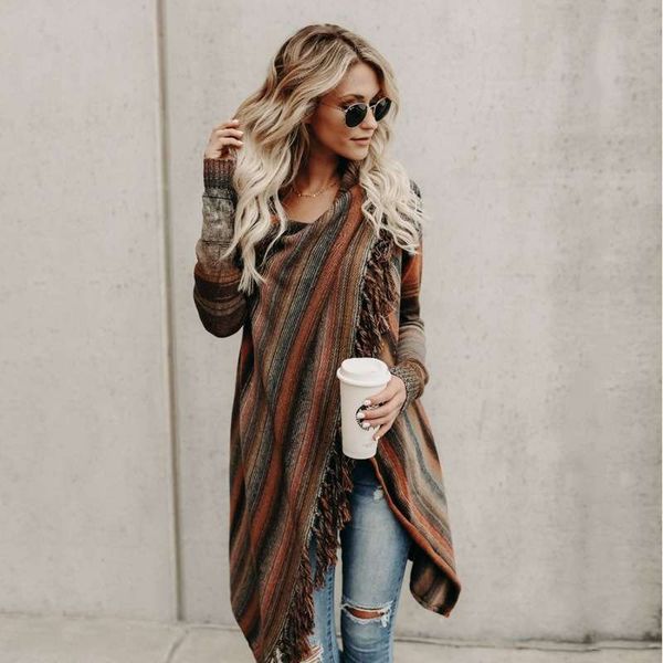 vip2020 good quality thickened women's fringe striped shawl sweater coat, White;black
vip2020 good quality thickened women's fringe striped shawl sweater coat, White;black