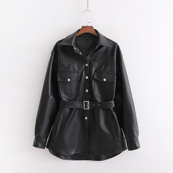 women fake leather jacket black long sleeve turn down collar with belt female autumn outwear coat 201030
women fake leather jacket black long sleeve turn down collar with belt female autumn outwear coat 201030