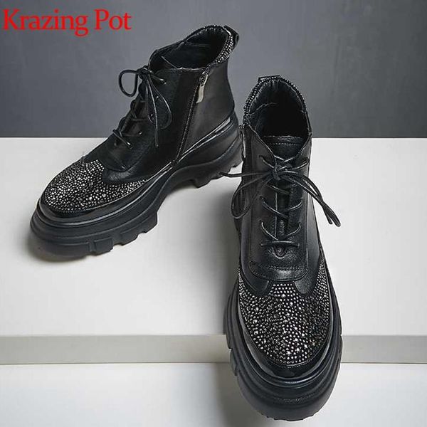 boots krazing pot cow leather lace up shiny round toe thick bottom winter bling diamond-studded brand shoes modern ankle l02, Black
boots krazing pot cow leather lace up shiny round toe thick bottom winter bling diamond-studded brand shoes modern ankle l02, Black