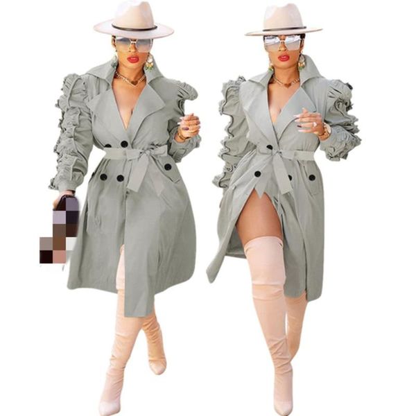 fashion women gray trench coats designer ruffles long sleeve double buttons sash lapel neck knee-length long coats, Black;brown
fashion women gray trench coats designer ruffles long sleeve double buttons sash lapel neck knee-length long coats, Black;brown