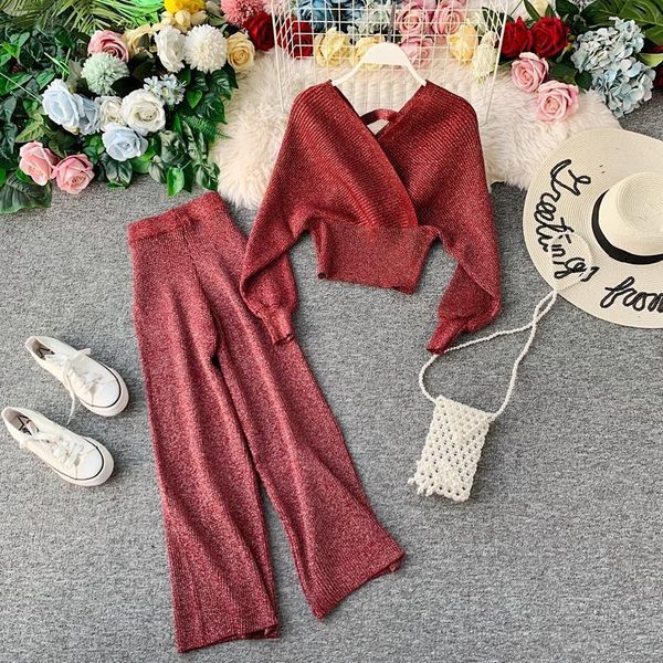 2020 autumn new pant set women v neck batwing sleeve backless sweater broad-legged trousers ladies fashion knitted 2 pcs sets1, Gray
2020 autumn new pant set women v neck batwing sleeve backless sweater broad-legged trousers ladies fashion knitted 2 pcs sets1, Gray