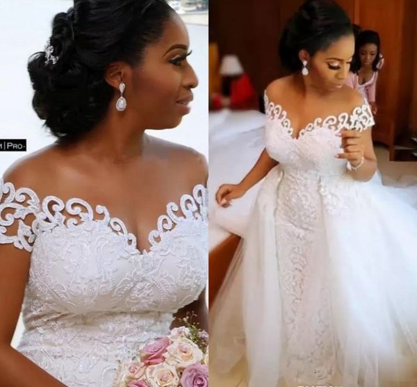 african mermaid wedding dresses with detachable train full lace applique sheer off the shoulder bridal gowns robe de mariage vestidos noiva, White
african mermaid wedding dresses with detachable train full lace applique sheer off the shoulder bridal gowns robe de mariage vestidos noiva, White