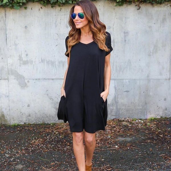 women daily casual short sleeve dress summer female loose v-neck dresses with pockets s-xl women's clothes1, Black;gray
women daily casual short sleeve dress summer female loose v-neck dresses with pockets s-xl women's clothes1, Black;gray