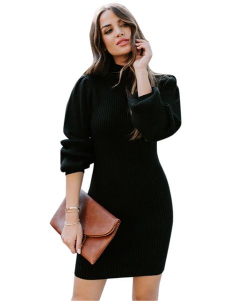 women high neck sweater dress lantern sleeve skinny spring autumn dresses ladies solid color clothes, Black;gray
women high neck sweater dress lantern sleeve skinny spring autumn dresses ladies solid color clothes, Black;gray