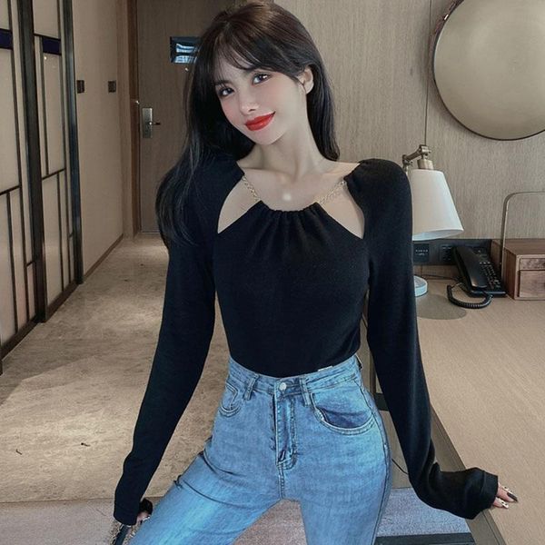fashion chic chain cutout bottomed sweaters ladies clavicle exposed wild thin sweater simple jumper top, White;black
fashion chic chain cutout bottomed sweaters ladies clavicle exposed wild thin sweater simple jumper top, White;black