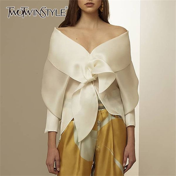 twotwinstyle casual irregular lace up blouses for female slash neck off shoulder long sleeve shirts women fashion clothing lj200811, White
twotwinstyle casual irregular lace up blouses for female slash neck off shoulder long sleeve shirts women fashion clothing lj200811, White
