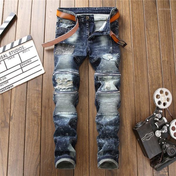 american high street hole pants men's motorcycle pants pleated jeans slim patch stitching zipper jeans for men1, Blue
american high street hole pants men's motorcycle pants pleated jeans slim patch stitching zipper jeans for men1, Blue