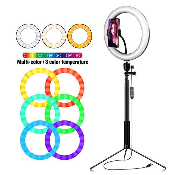 10'' Rgb Ring Light With Tripod Kit Selfie Led Ring Light With Phone Holder For Ipad For Tik Tok Youtube Live Video Pgraphy