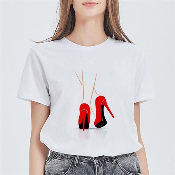 red high heel print summer women t shirt fashion vogue tee trumblr streetwear cotton white t-shirts women