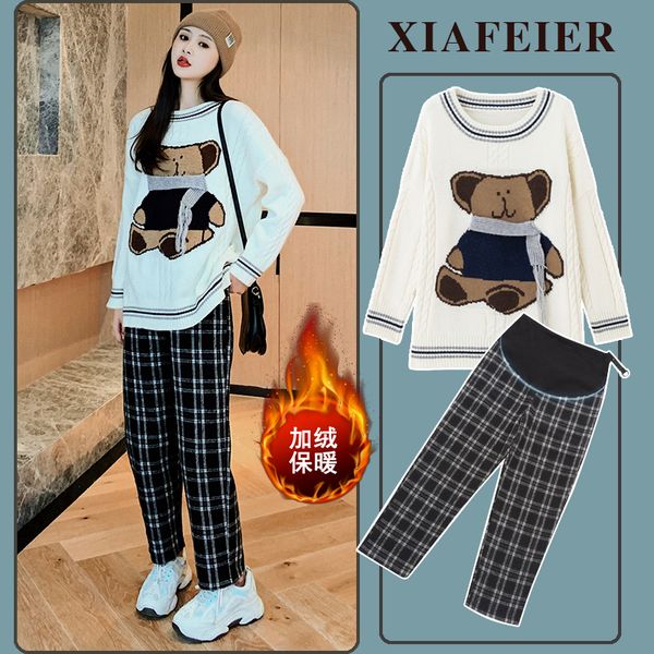 autumn and winter pregnant women's suit out knitted sweater bear jacket plaid pants two piece net red style, White
autumn and winter pregnant women's suit out knitted sweater bear jacket plaid pants two piece net red style, White