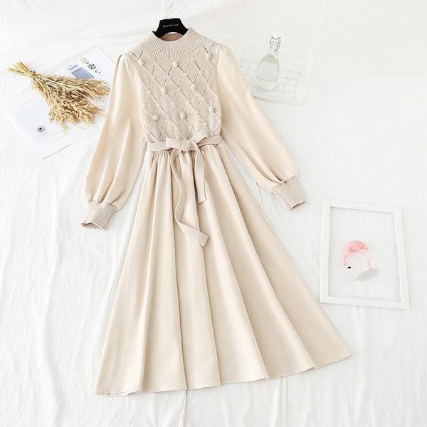 casual dresses paneled knitted dress spring autumn half high collar elastic waist puff sleeve mid-length a-line vestidos, Black;gray
casual dresses paneled knitted dress spring autumn half high collar elastic waist puff sleeve mid-length a-line vestidos, Black;gray