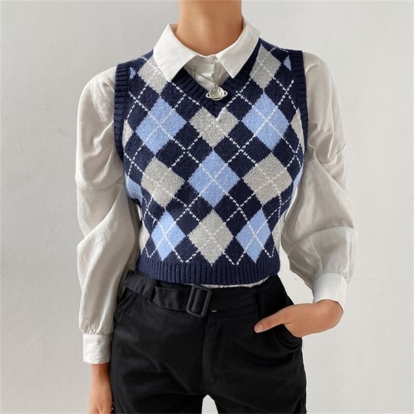 vintage argyle vest women y2k black sleeveless v neck plaid knitted crop sweater casual waistcoat preppy style chic y201128, Black;white
vintage argyle vest women y2k black sleeveless v neck plaid knitted crop sweater casual waistcoat preppy style chic y201128, Black;white